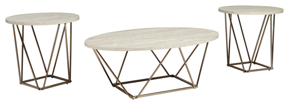 Benzara BM213306 Marble Table Set with 1 Coffee Table & 2 End Tables, White/Gold
