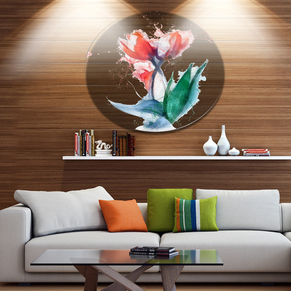 Red Hand-Drawn Tulips Sketch, Floral Round Wall Art, 23"