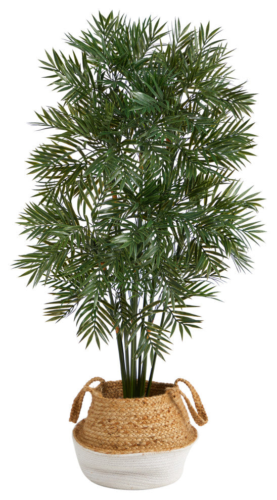 4'' Parlor Palm Faux Tree, Boho Chic Handmade Cotton and Jute White Woven Planter