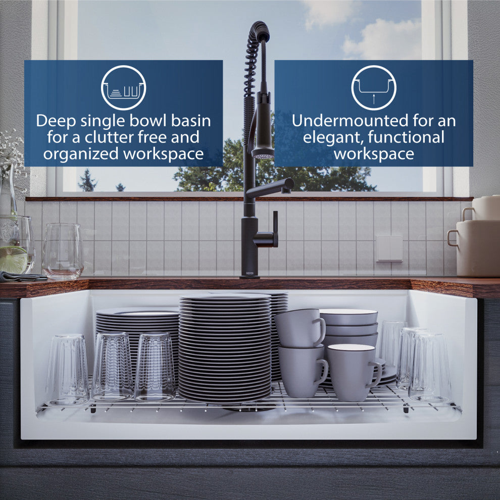 Karran 33 in. Single Bowl Workstation Fireclay Sink with Reversible Apron, White