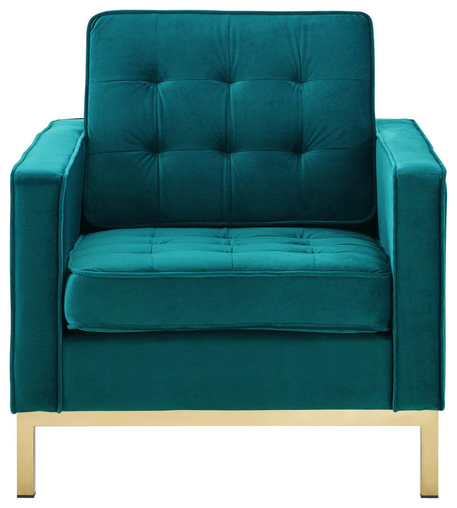 Modern Lounge Accent Side Chair Armchair, Velvet Fabric, Gold Aqua Blue