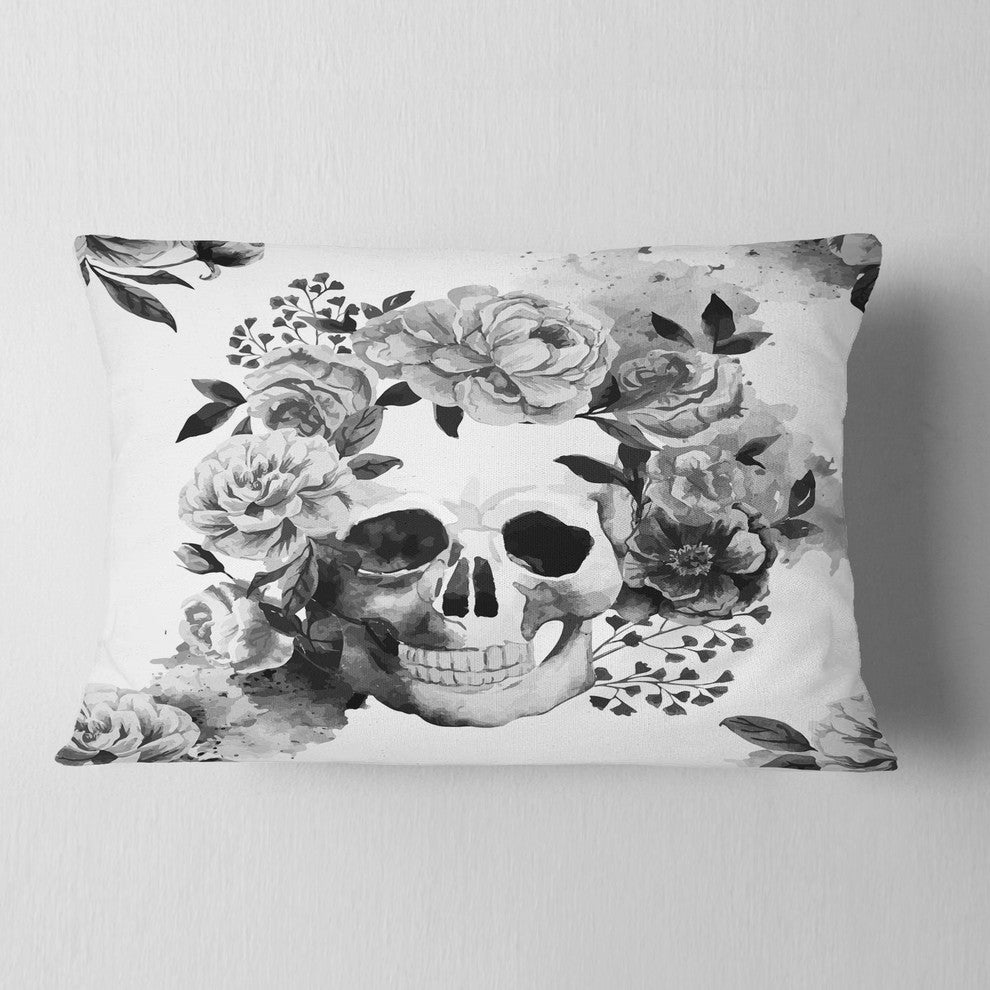 Peony Watercolor Skull Abstract Throw Pillow, 12"x20"
