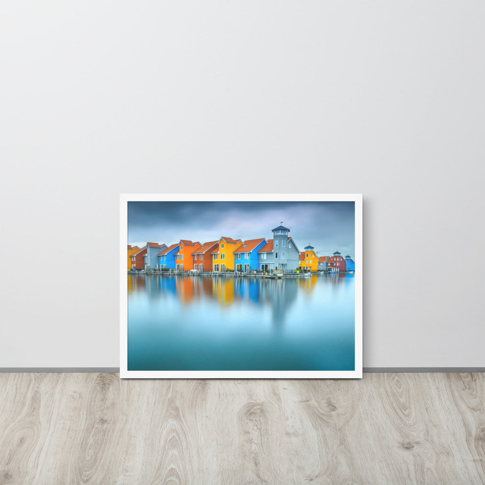 Blue Morning at Waters Edge Landscape Framed Photo Paper Wall Art Prints, White, 18" X 24"