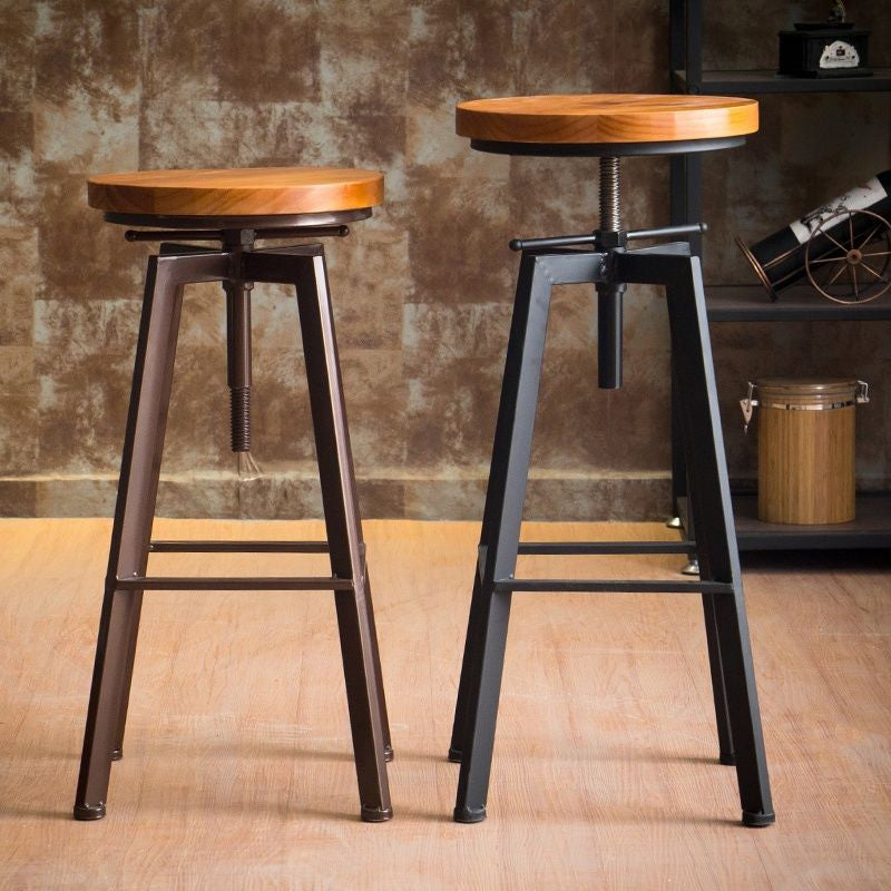 Industrial-Styled Iron Rotating and Lifting Bar Stool Made of Solid Wood, Copper