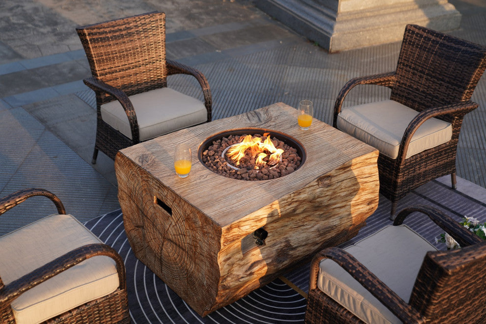 Patio Wood Coating Propane Fire Pit Table with Cushioned Chairs, Rectangle-2