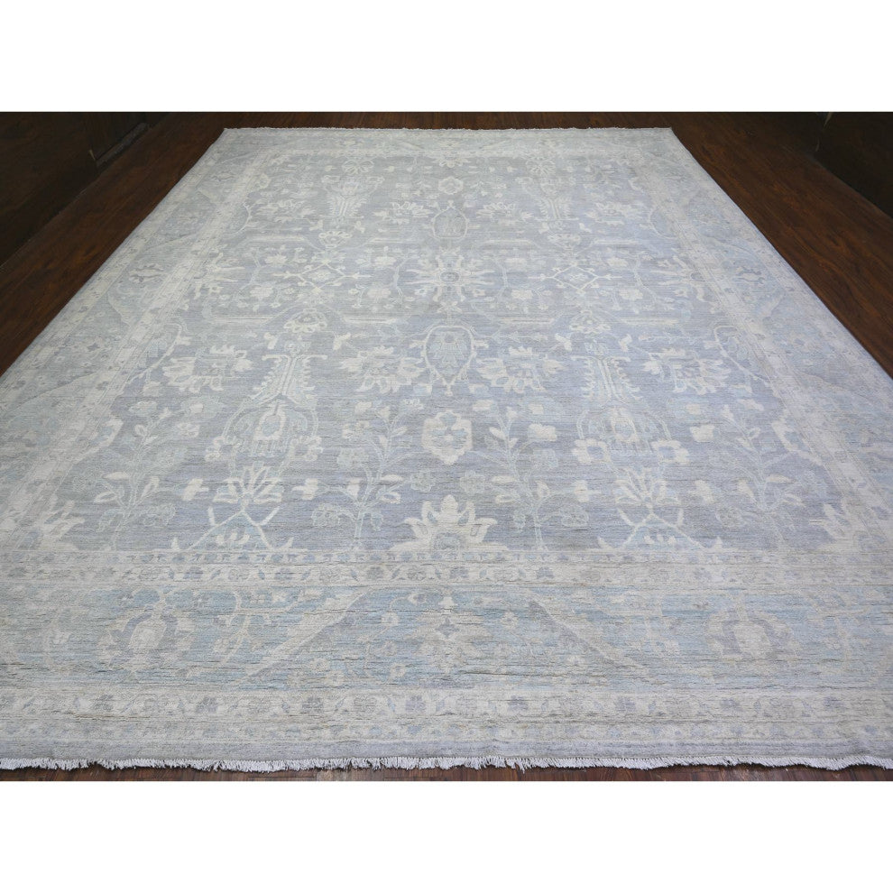 Gray Washed Out Peshawar Wool Hand Knotted Oversized Oriental Rug, 11'9"x14'4"