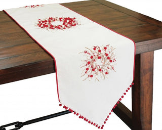 Handmade Holiday Berry Wreath Ribbon/Pom Pom Double Layer Table Runner, 16x54
