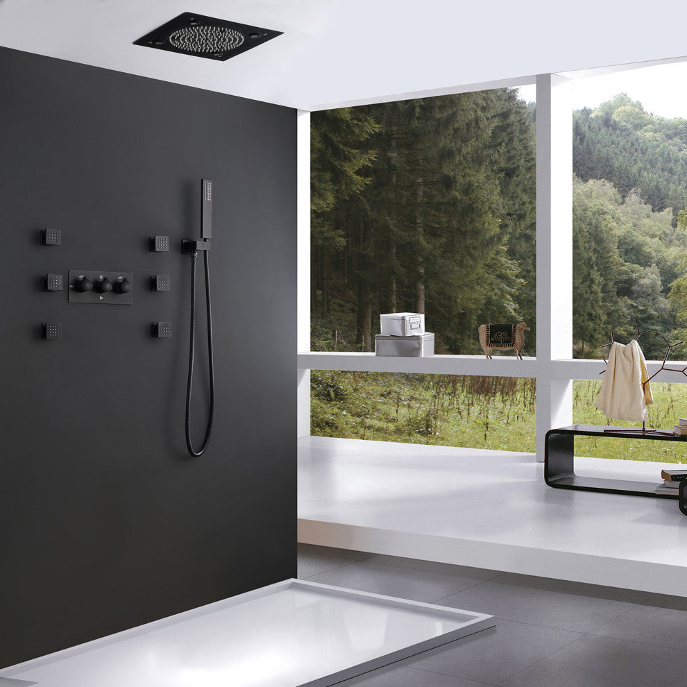 Luxury LED Rain Shower System With Rough-In Valve & 6 Body Jets, Matte Black