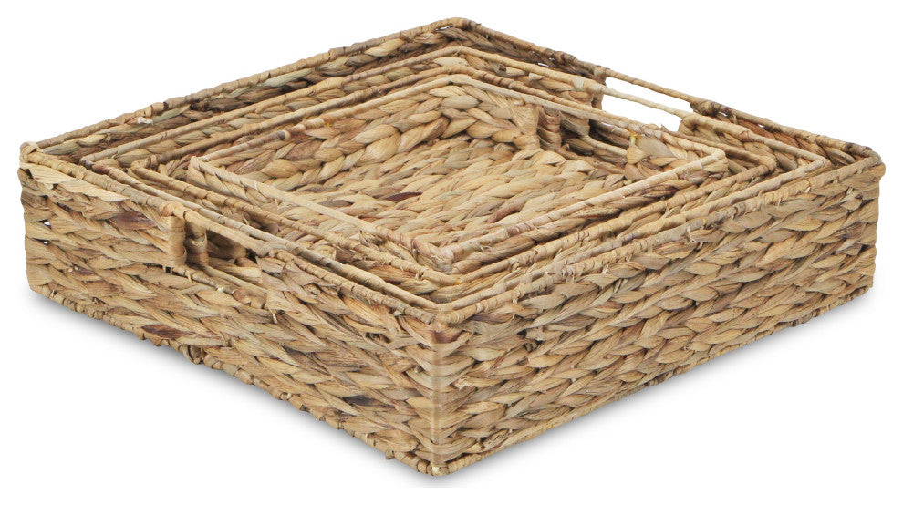 4-Piece Water Hyacinth Square Tray With Metal Frame