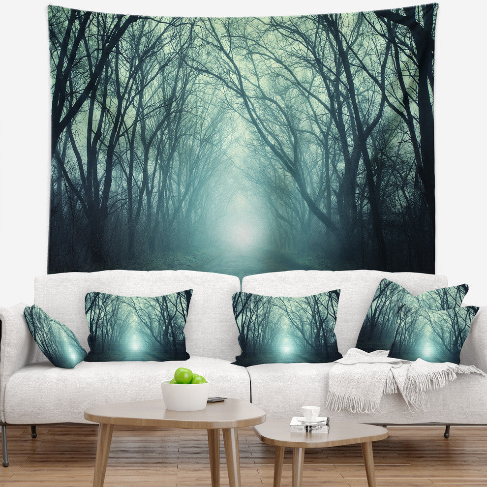 Fall Forest Path with Green Light Landscape Photography Wall Tapestry, 92"x78"