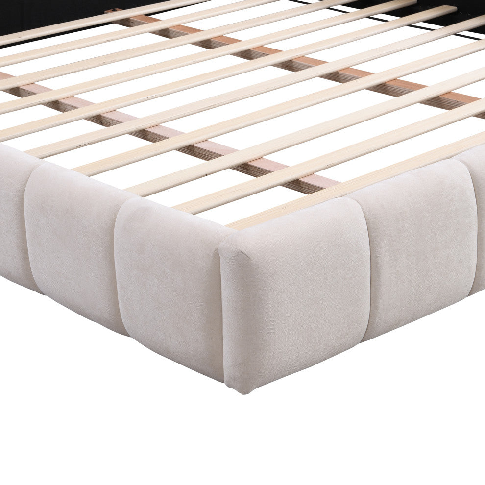 Alice Chenille Upholstered Platform Bed With Checkerboard Design, Beige, King