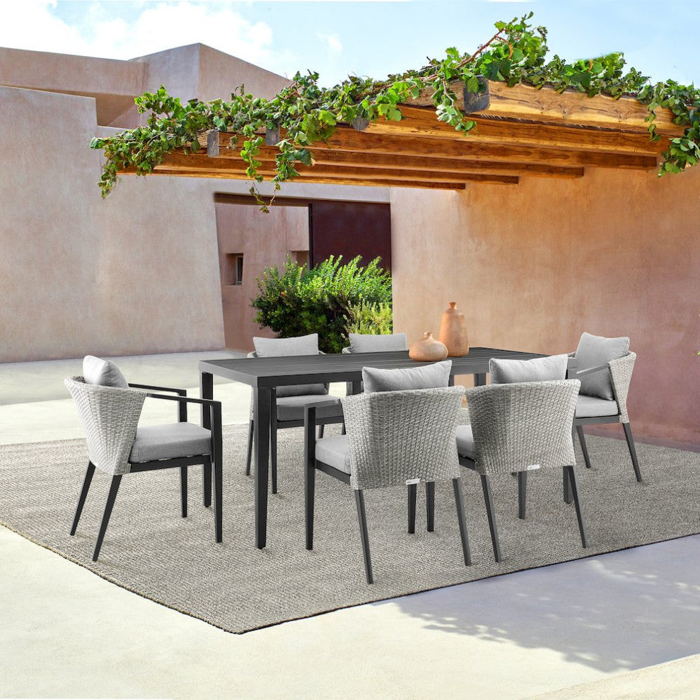 Outdoor Patio Dining Chairs in Aluminum and Wicker with Gray Cushions - Set of 2