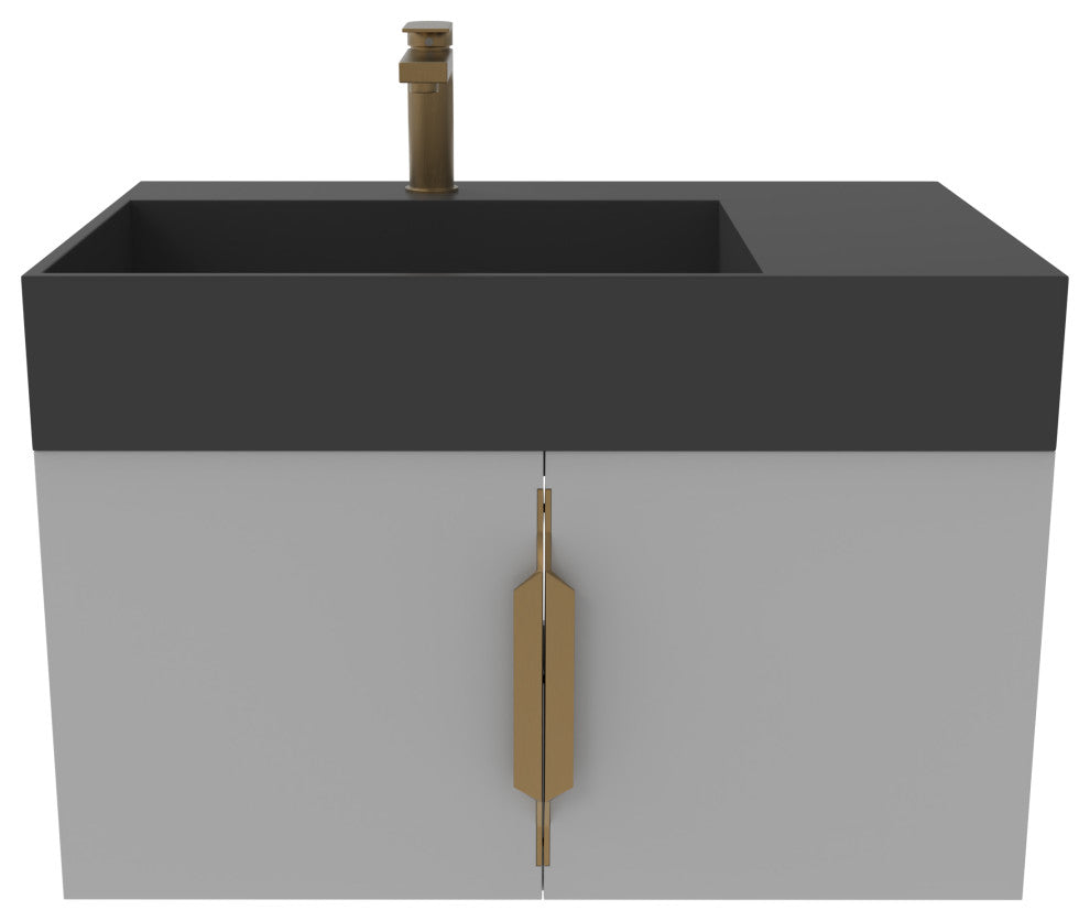 CastelloUSA Amazon 30" Left Wall Mounted Bathroom Vanity Set, Gray, Black Top, Gold Handles