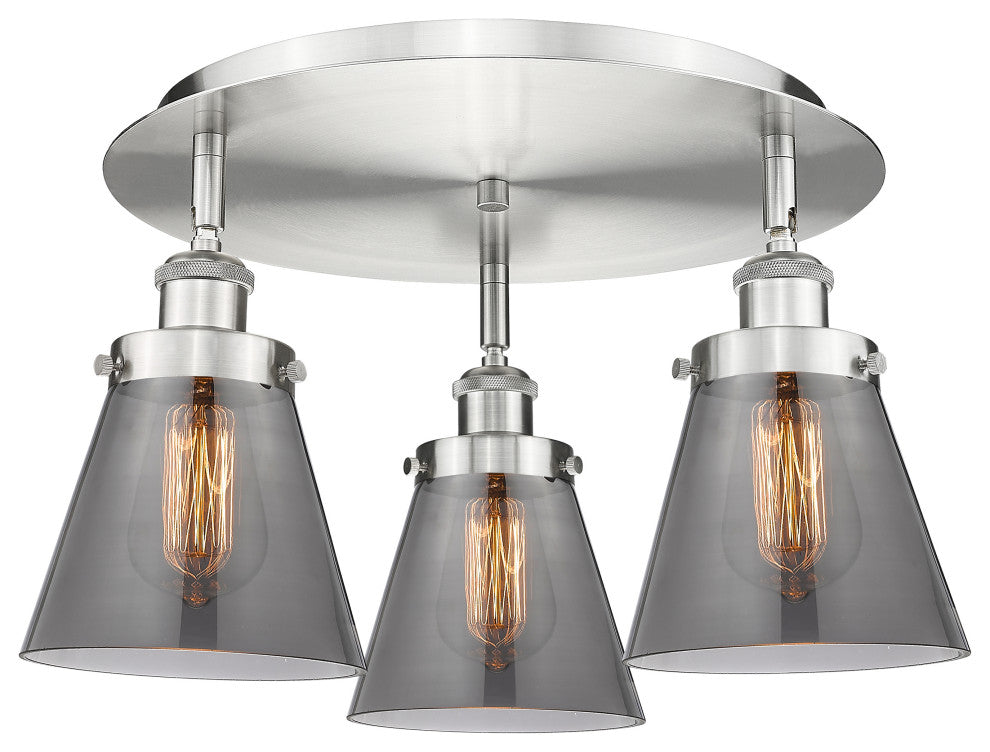 Cone-3 Light 18" Flush Mount-Satin Nickel, Plated Smoke Glass Shade