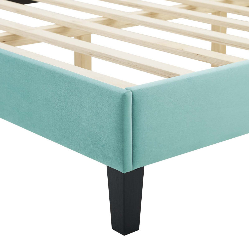 Tufted Platform Bed Frame, Queen Size, Velvet, Blue, Modern Contemporary