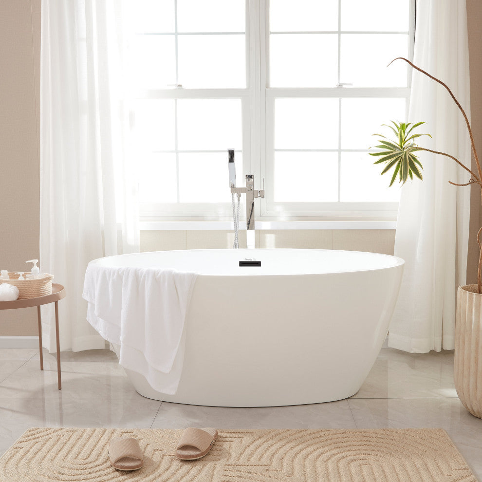 Vanity Art 55"x32" Acrylic Freestanding Soaking Bathtub, White/Matte Black