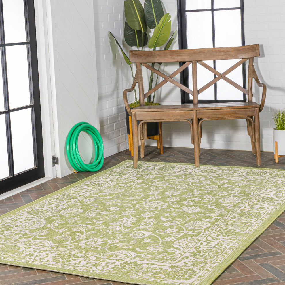 Tela Boho Textured Weave Floral Indoor/Outdoor Rug, Green/Cream, 4 X 6