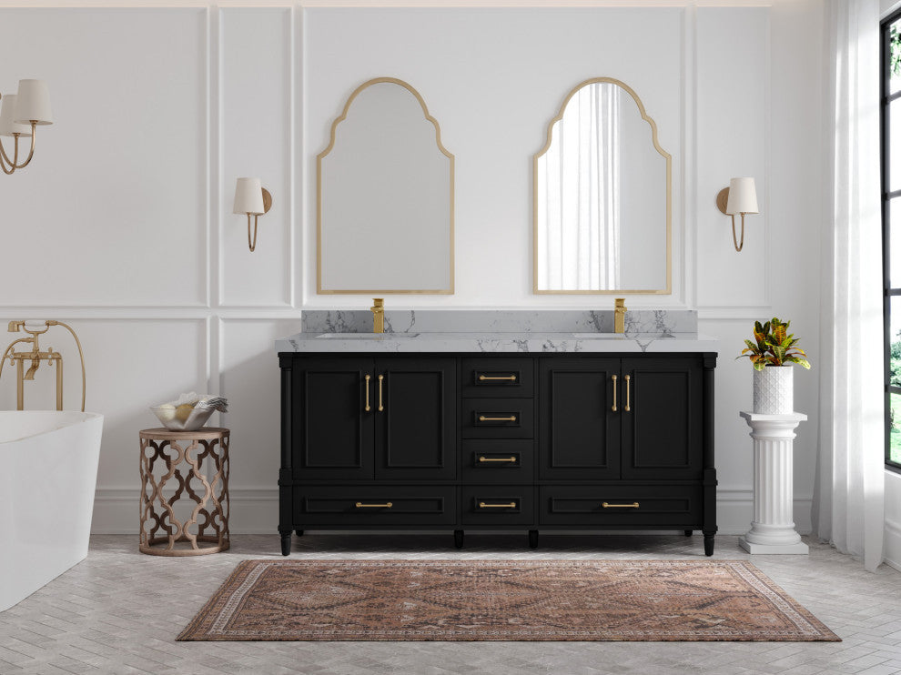 Aberdeen 72 Double Sink Bath Vanity in Black 2" Venatino Quartz