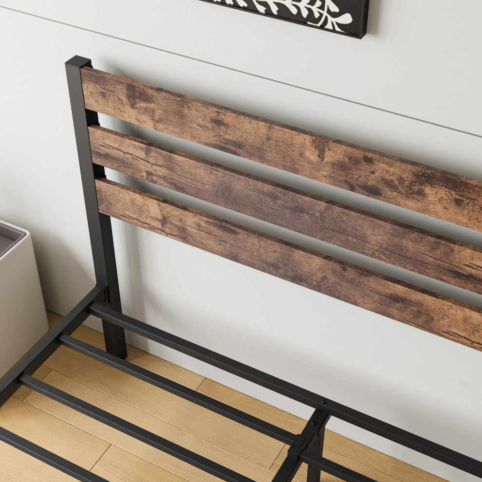 Gewnee Full Size Platform Bed Frame with Rustic Vintage Wood Headboard