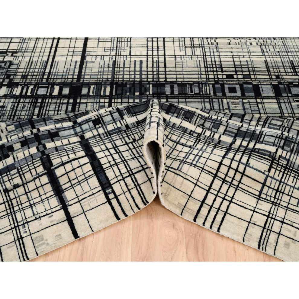 Black, Modern Lines Design, Ghazni Wool, Hand Knotted, Oriental Rug, 8'2" x 9'9"