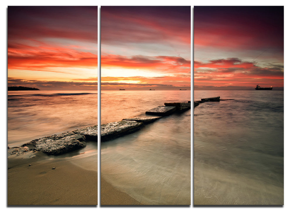 "Wonderful Sunrise on Black Ocean" Beach Metal Wall Art, 3 Panels, 36"x28"