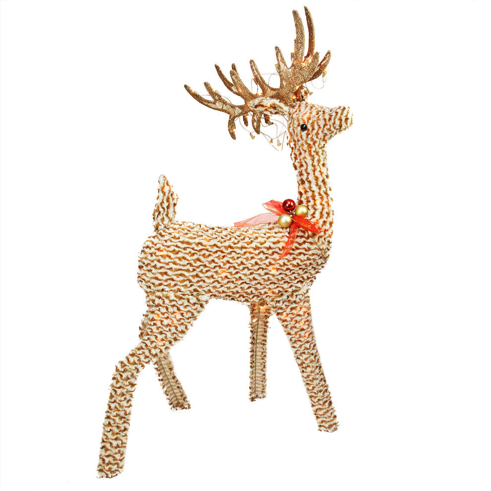 48.5" Pre-Lit Brown and White Striped Chenille Reindeer Decoration