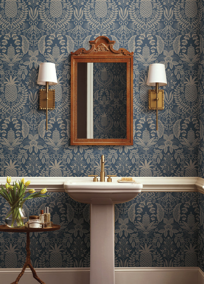 Pineapple Damask Navy Wallpaper