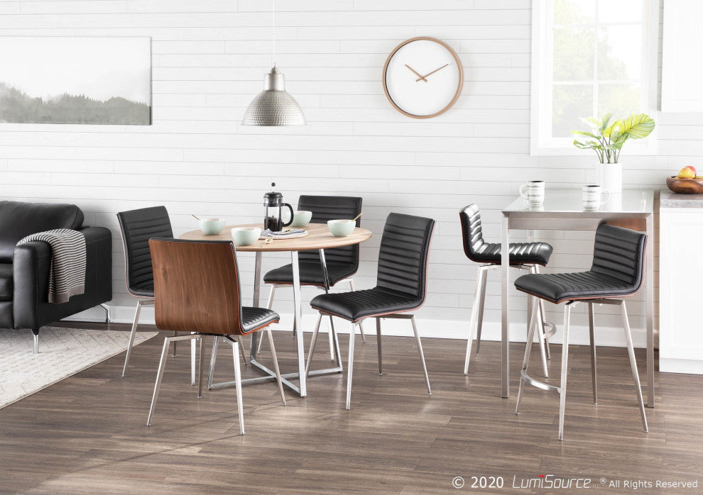 Mason Swivel Counter Stool, Set of 2, Stainless Steel/Walnut Wood/Black PU