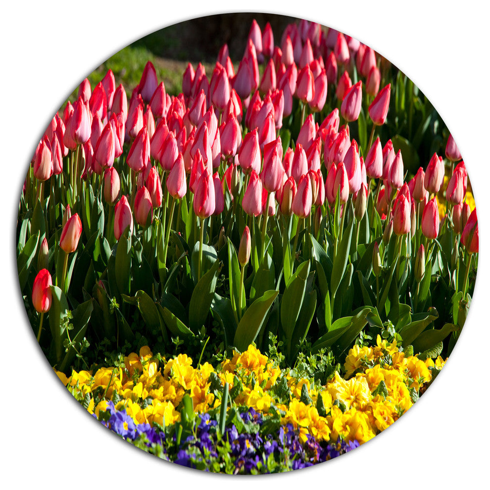 Red Tulips With Yellow Purple Flowers, Flower Disc Metal Artwork, 36"