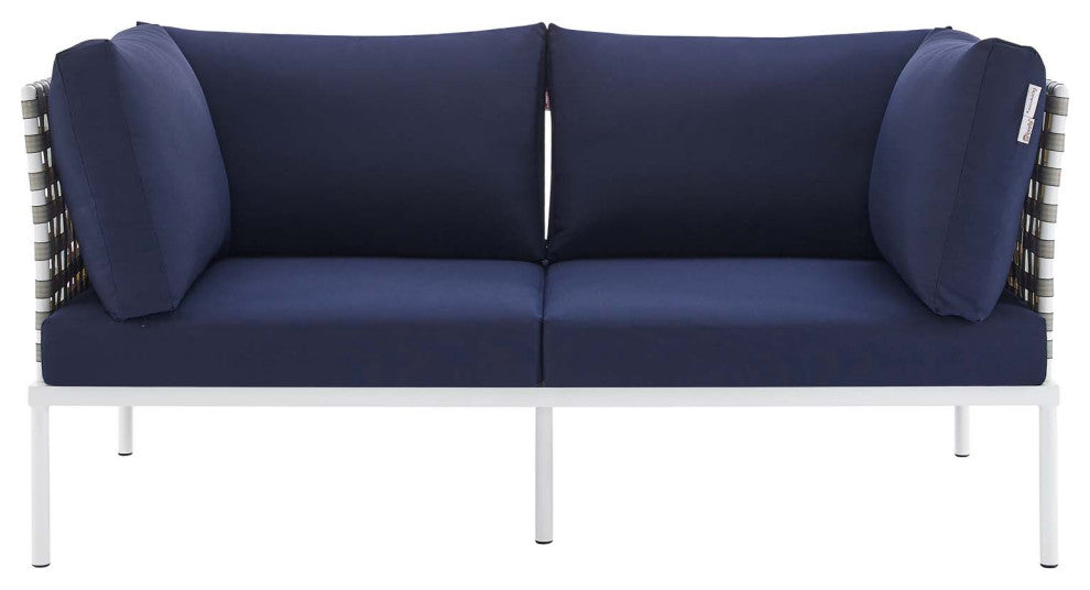 Harmony Sunbrella Basket Weave Outdoor Patio Aluminum Loveseat, Tan Navy
