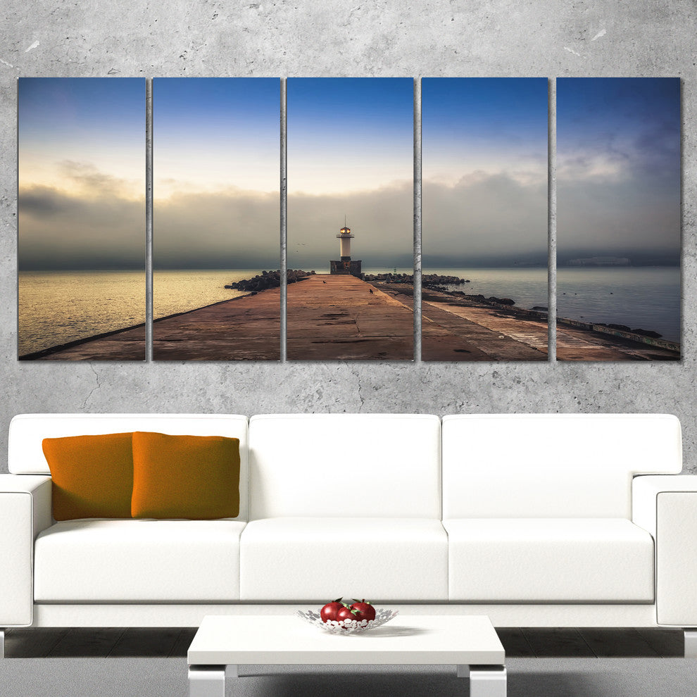 Lighthouse on Coast and Cloudy Sky, Modern Canvas Print, 60"x28", 5 Panels