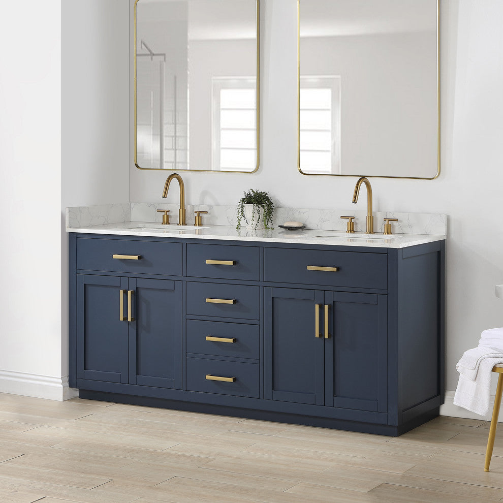 Gavino Vanity With Grain White Composite Stone Top, Royal Blue/Brushed Gold, 72", No Mirror