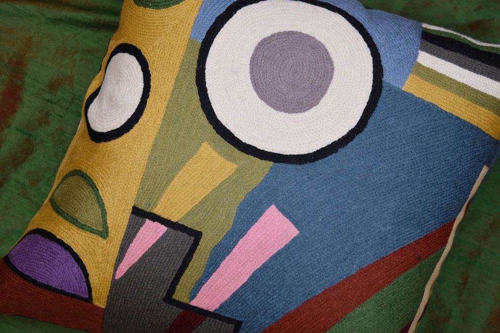 Kandinsky Pillow Cover Composition VI Blue Gray Gold Handembroidered Wool 18x18"