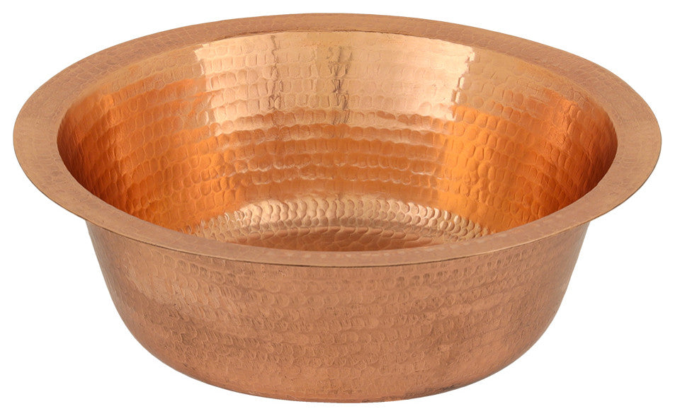 14" Round Hammered Copper Bar Sink, 2" Drain Opening, Polished Copper