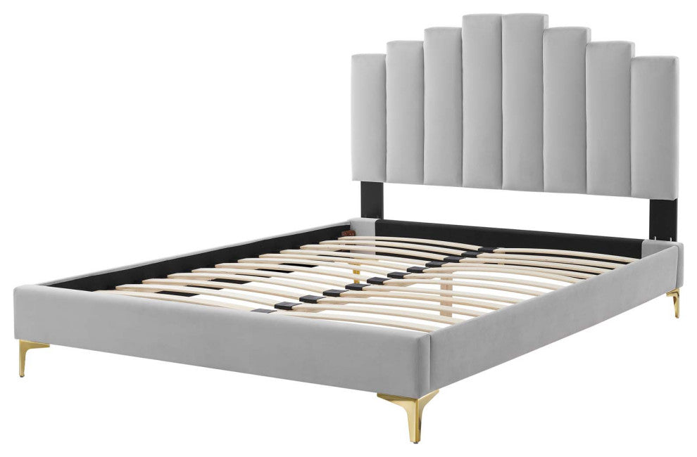 Platform Bed Frame, King Size, Velvet, Light Gray, Modern Contemporary