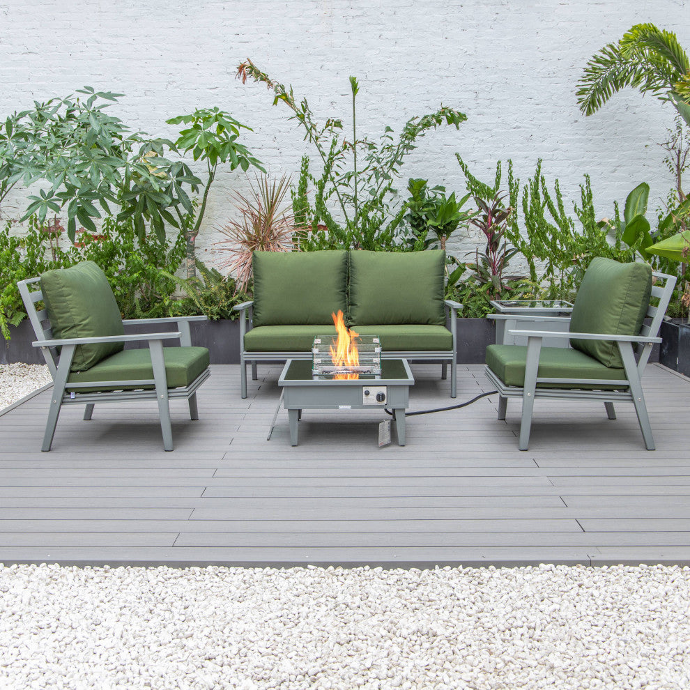 LeisureMod Walbrooke Grey Patio Sofa Set With Square Fire Pit Table, Green