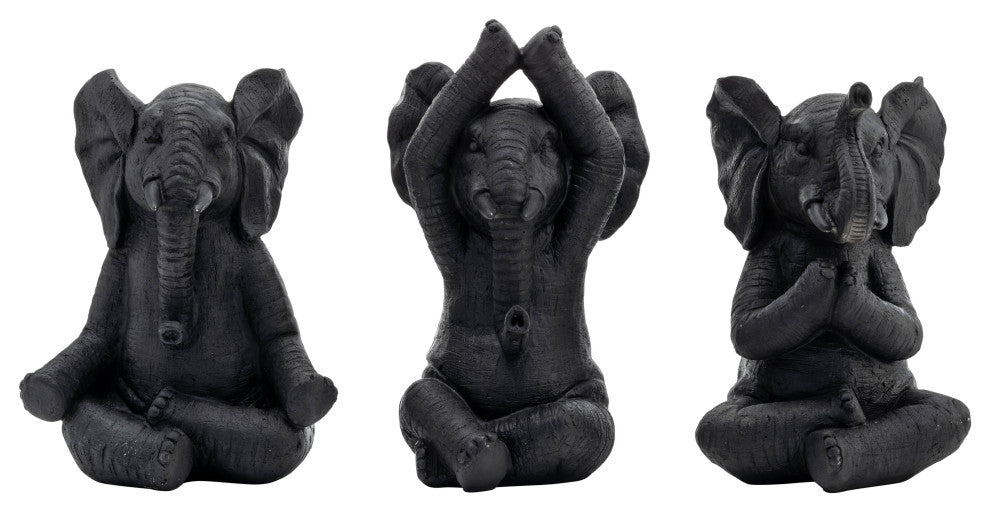 Resin, Set of 3, 8"H, Yoga Elephants, Black