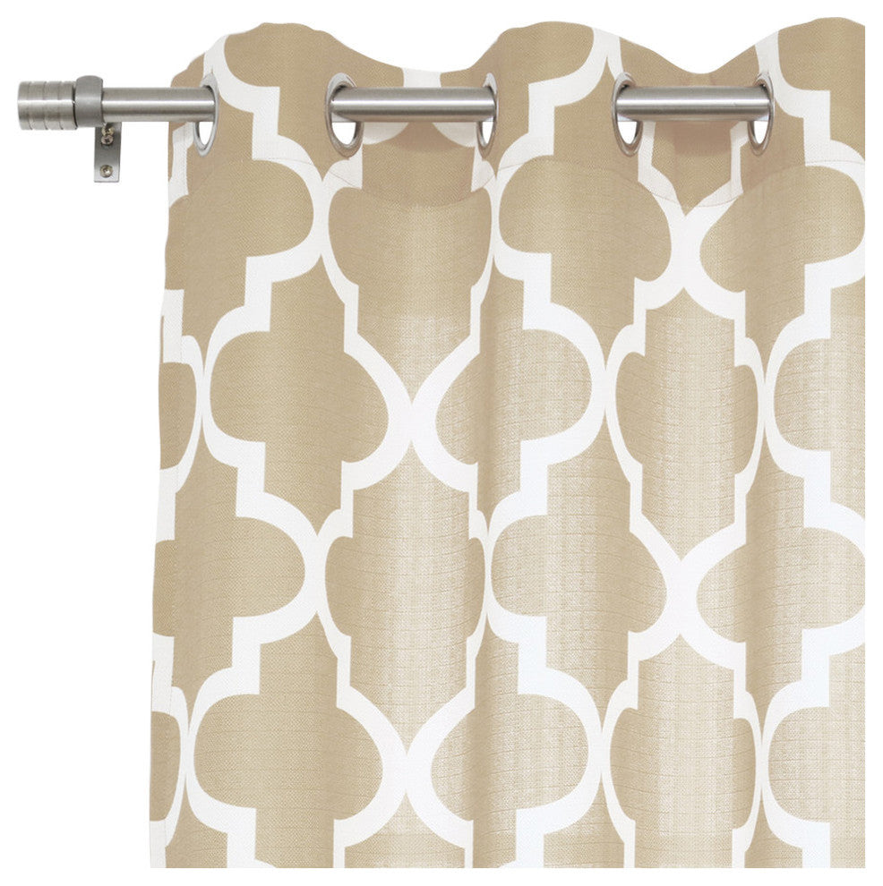Beige Oxford Basketweave Moroccan Print Nickel Grommet Curtains, Beige, 52"w X 1