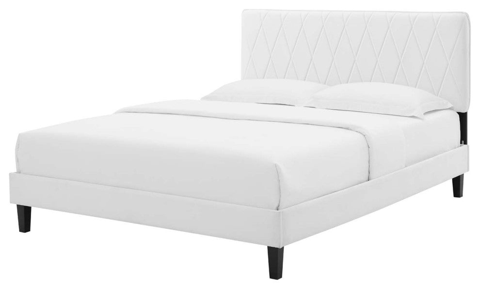 Platform Bed Frame, King Size, Velvet, White, Modern Contemporary, Bedroom