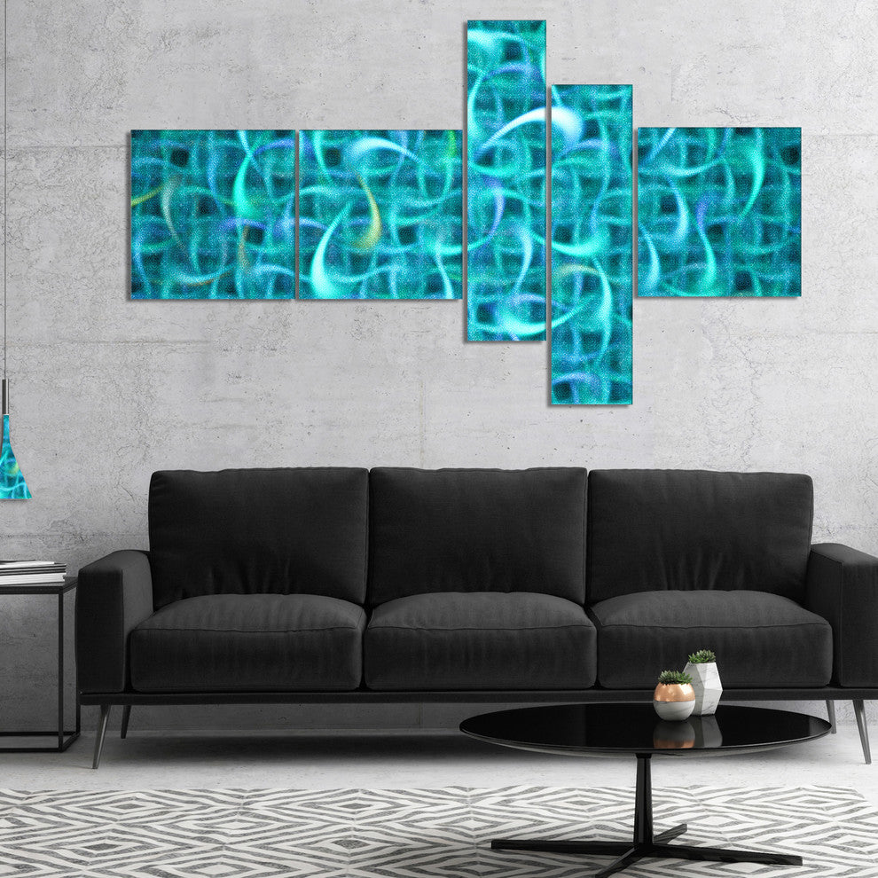 Turquoise Watercolor Fractal Pattern, Abstract Art on Canvas, 60"x32", 5 panels