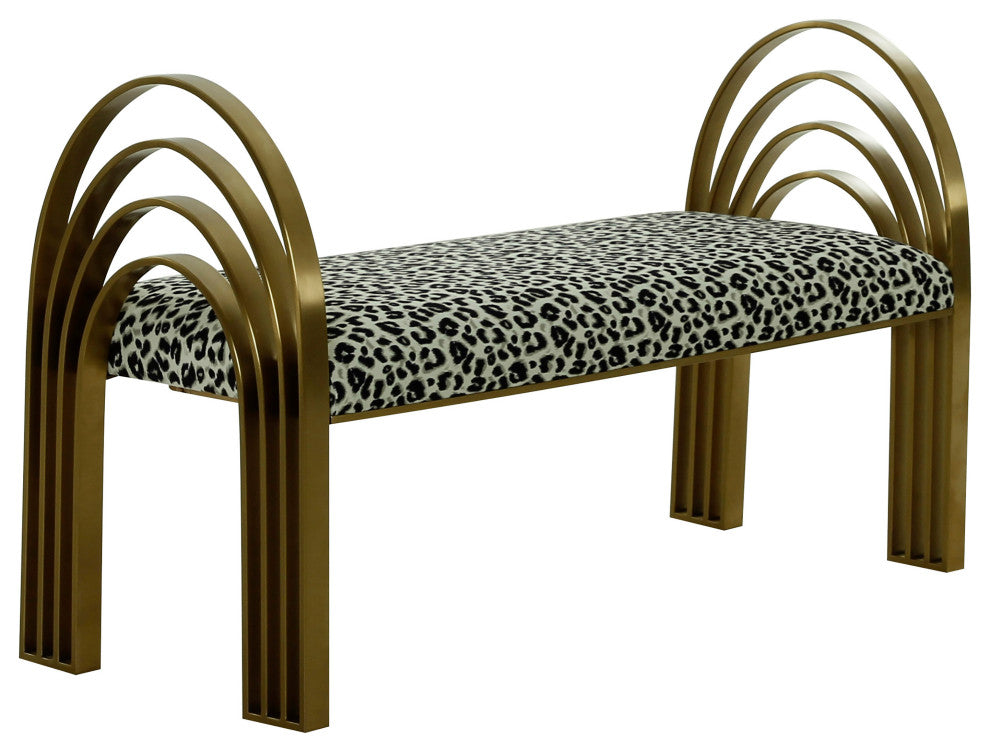 Mavis Velvet Bench, Art Deco Entryway Bench, Glam Luxe Gold Bed Bench, Leopard