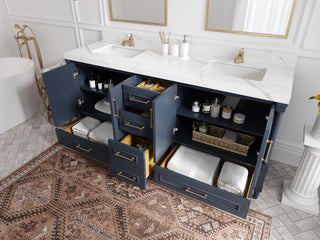 Aberdeen 72 Double Sink Bath Vanity in Hale Navy Blue  2" Carrara Marble