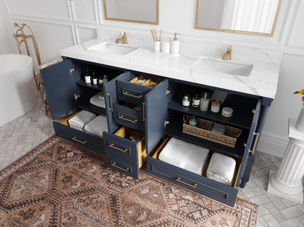 Aberdeen 72 Double Sink Bath Vanity in Hale Navy Blue  2" Carrara Marble