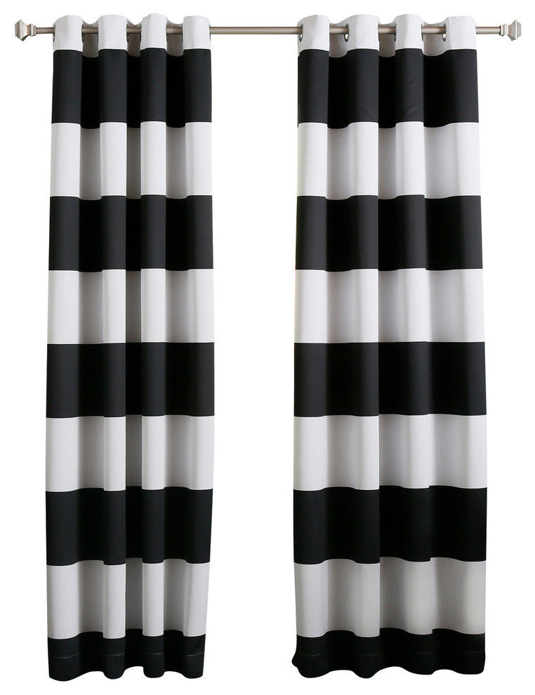 Bold Stripe Print Grommet Top Curtain Pair 84" L, Black