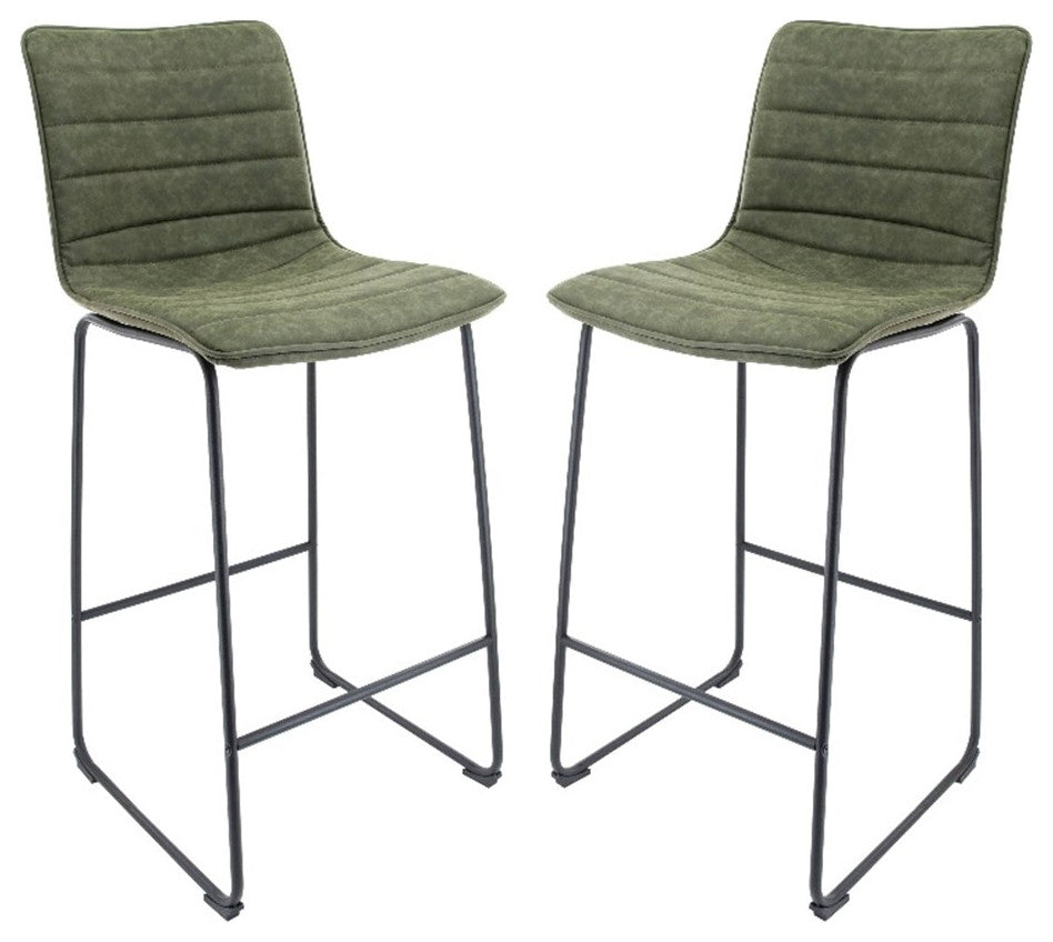 LeisureMod Brooklyn Modern Leather Bar Stool Set of 2 in Olive Green
