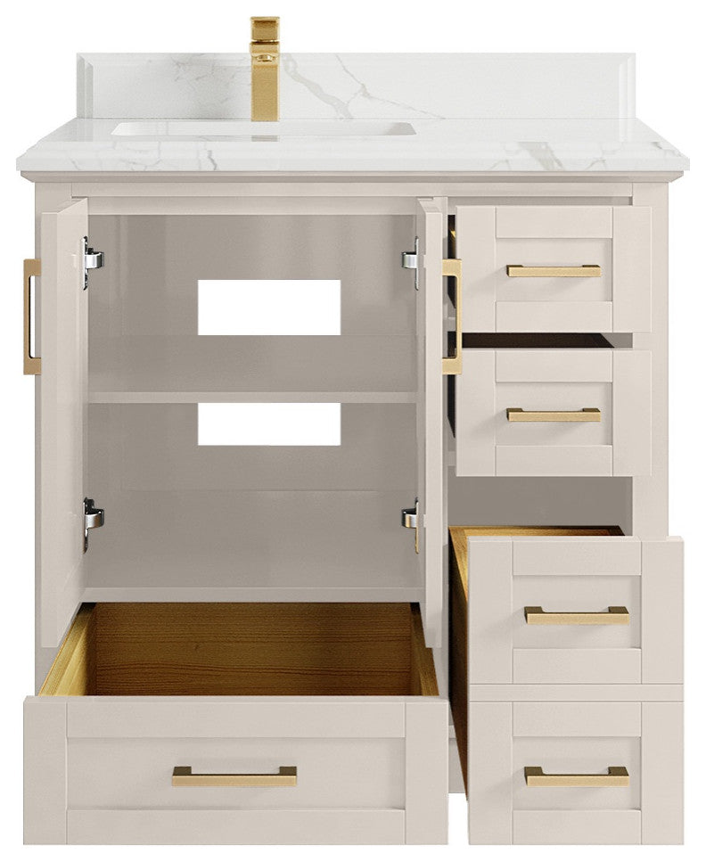 Boston 36" Left Offset Bath Vanity in Fine Grain 1.5" Calacatta Laza