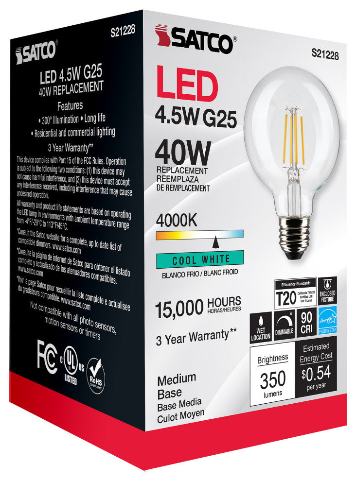 4.5W G25 LED, Clear, Medium Base, 90 CRI, 4000K, 120V
