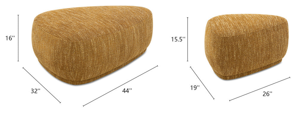 Pebble 44" & 26" Rounded Triangle Cocktail Ottoman Set, Mustard Yellow Tweed