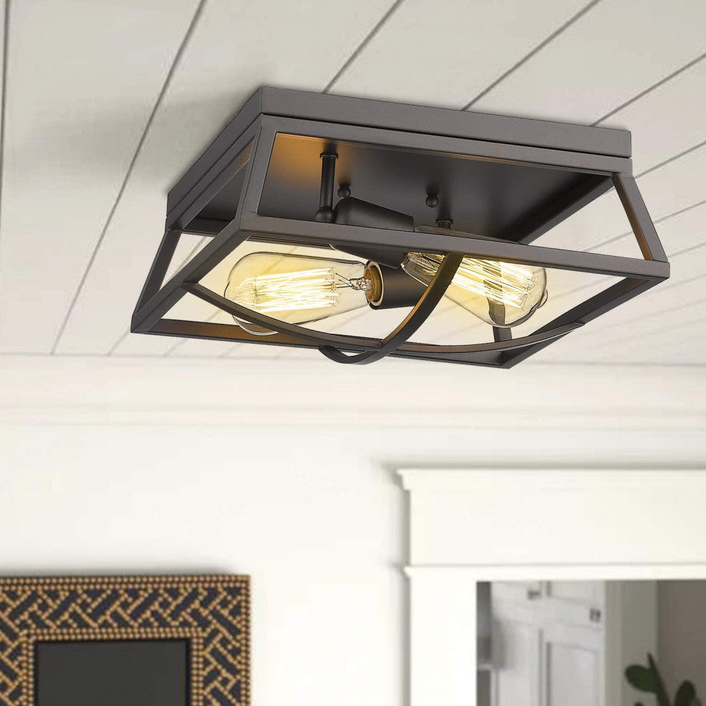 2 Light Flush Mount, Farmhouse, Black With Bronze Finish