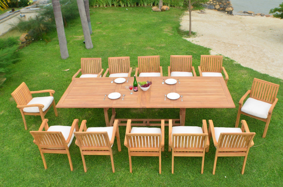 13-Piece Outdoor Teak Dining Set, 117" Rectangle Table, 12 Nain Stacking Chairs